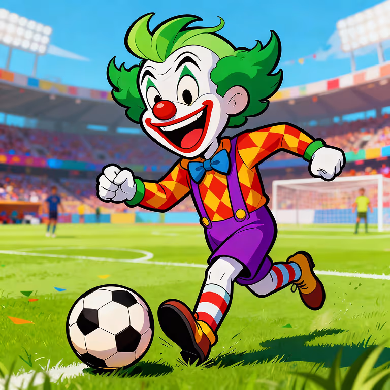 MadJoker-Maskottchen spielt Fußball in einem bunten Stadion.
