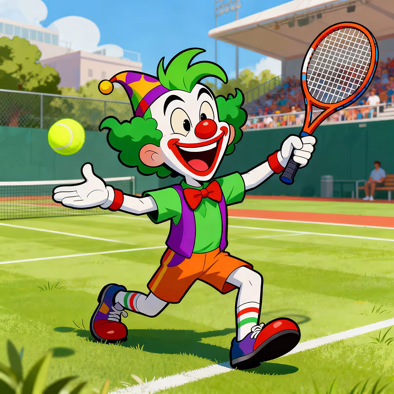 MadJoker-Maskottchen spielt Tennis auf einem sonnigen Platz – steht für Energie, Konzentration und den Nervenkitzel des Gewinnens.